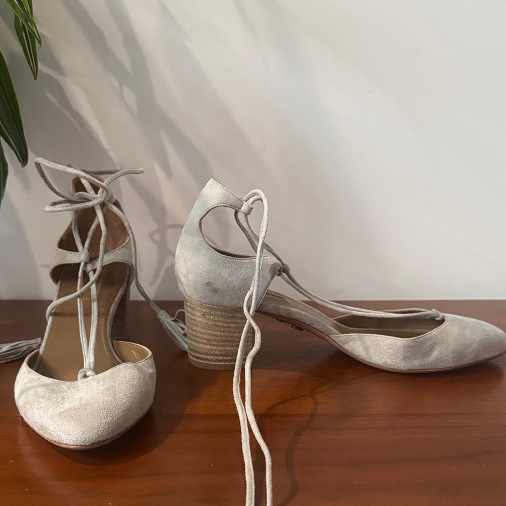 Aquazzura Lace-Up Low Block Heel Pumps in Light Gray Suede